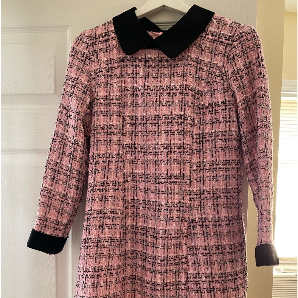 Cute Boucle dress with silver thread “ school girl” satin details lined zip back